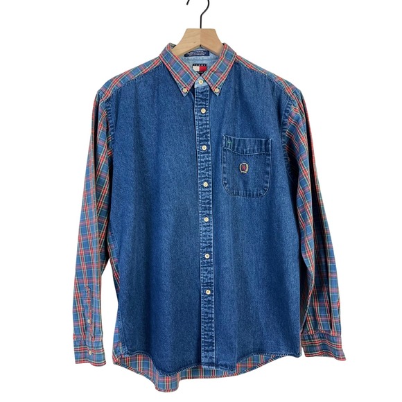 Tommy Hilfiger VTG Denim Plaid Long Sleeve Retro Button Up Shirt Men's XL‎ - Picture 1 of 7